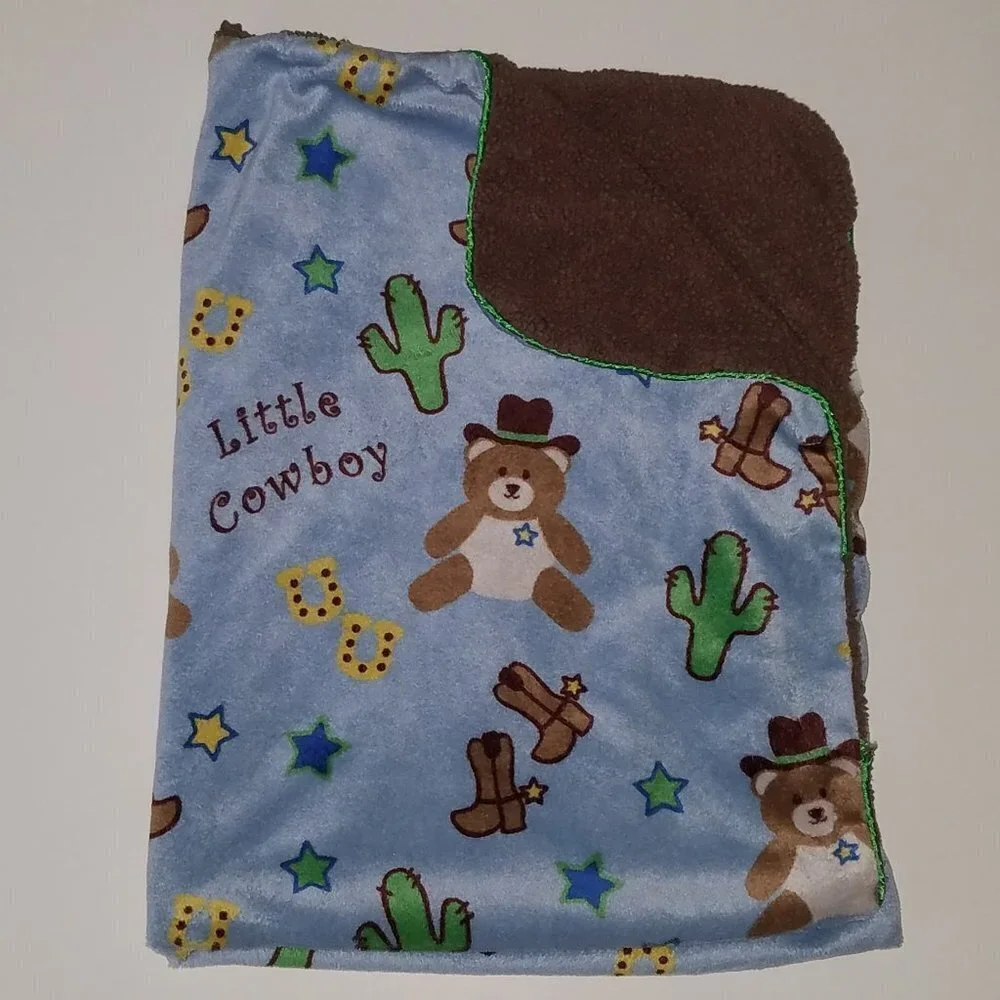 Little Cowboy Teddy Bear Blue Baby Blanket Lovey Fleece Brown Stars Cactus Boots